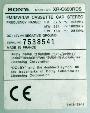 Cassette Car Stereo XR-C650RDS; Sony Corporation; (ID = 2034218) Car Radio