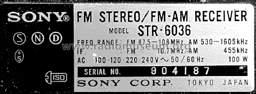 FM Stereo / FM-AM Receiver STR-6036; Sony Corporation; (ID = 933514) Radio