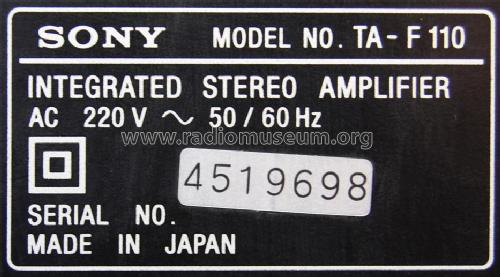 Integrated Stereo Amplifier TA-F110; Sony Corporation; (ID = 1894331) Ampl/Mixer