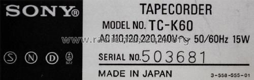 Stereo Cassette Deck TC-K60; Sony Corporation; (ID = 2056986) Reg-Riprod