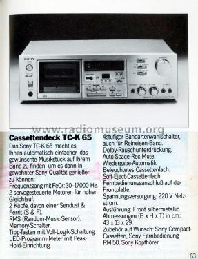 Stereo Cassette Deck TC-K65; Sony Corporation; (ID = 2089862) R-Player