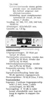 Stereo Integrated Amplifier TA-1144; Sony Corporation; (ID = 1721208) Ampl/Mixer