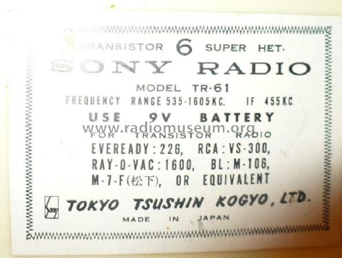 Transistor 6 Super Het. TR-61; Sony Corporation; (ID = 1707127) Radio