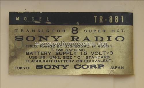 8 Transistor Super Het TR-881; Sony Corporation; (ID = 1621263) Radio