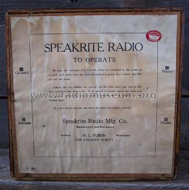 Speakrite Crystal Radio ; Speakrite Radio (ID = 1086000) Crystal