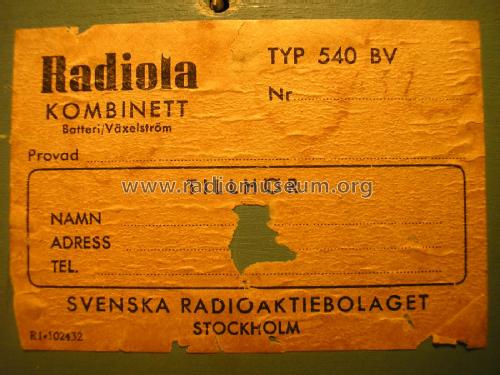 Radiola Kombinett 540BV; SR, Svenska (ID = 1962864) Radio