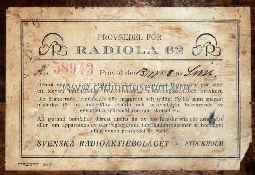 Radiola M62; SR, Svenska (ID = 1204243) Radio