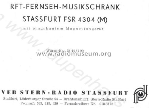 Fernseh-Musikschrank Staßfurt FSR-4304, Waren Nr. 36 44 81 00; Stern-Radio Staßfurt (ID = 822276) TV Radio