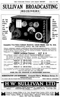 Two-Valve Cabinet Receiver No. 516; Sullivan, H.W., (ID = 1077705) Radio