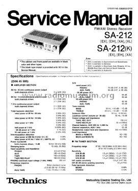 FM/AM Stereo Receiver SA-212; Technics brand (ID = 2815450) Radio