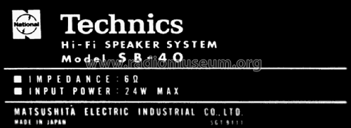 Hi-Fi Speaker SB-40; Technics brand (ID = 2071569) Speaker-P