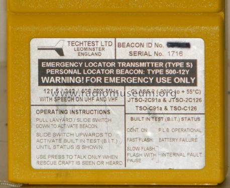 Emergency Locator Transmitter / Personal Locator Beacon S / 500-12Y; Techtest Limited; (ID = 2433051) Commercial TRX