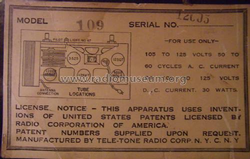 109 Ch= A late; Tele-Tone Radio Corp (ID = 651232) Radio