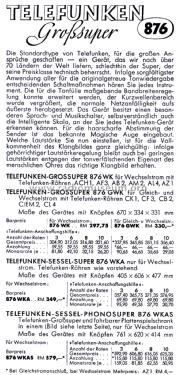 Gross-Super 876GWK ; Telefunken (ID = 2654307) Radio