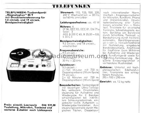 Magnetophon 85T; Telefunken (ID = 2182885) Enrég.-R