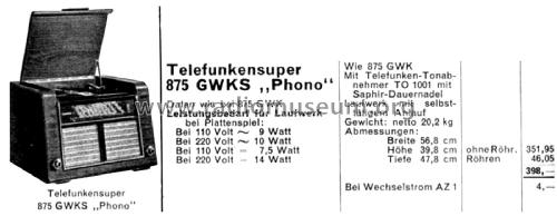 Phono 875GWKS ; Telefunken (ID = 2654252) Radio