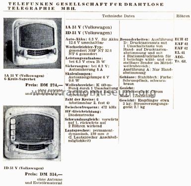 Volkswagen IA 51V; Telefunken (ID = 2393423) Car Radio