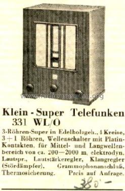 Kleinsuper 331WL/o ; Telefunken; Wien (ID = 3948) Radio