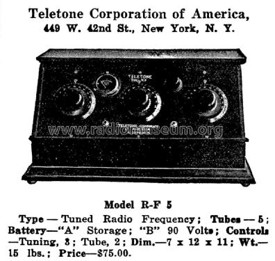 Table Model Model R-F 5; Teletone Corp. of (ID = 1969244) Radio