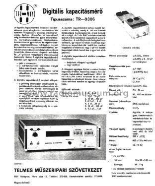 Capacitor Meter TR-9306; Telmes Szövetkezet (ID = 2907990) Equipment