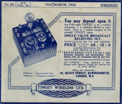 Single Valve Broadcast Receiving Set ; Tingey Wireless, W.R (ID = 1203638) Radio