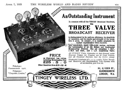 Three Valve Broadcast Receiver ; Tingey Wireless, W.R (ID = 1070854) Radio