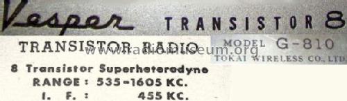 Vesper 8 Transistor G-810; Tokai Wireless Co., (ID = 625013) Radio