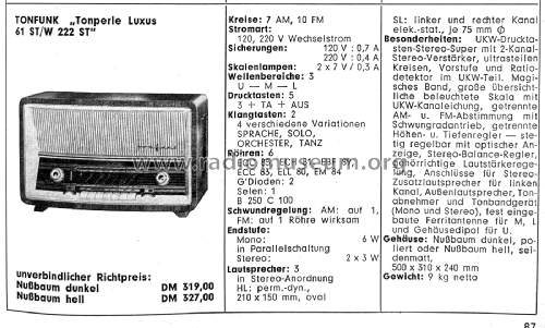 Tonperle Luxus 61ST W222 ST; Tonfunk GmbH; (ID = 2811206) Radio