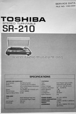 Belt Drive Turntable SR-210; Toshiba Corporation; (ID = 1807812) R-Player