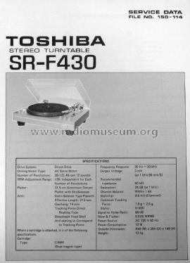 Direct Drive Stereo Turntable SR-F430; Toshiba Corporation; (ID = 1642007) R-Player