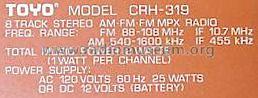 8 Track Stereo AM-FM MPX Radio CRH-319; Toyo Radio Co., Ltd. (ID = 494542) Radio