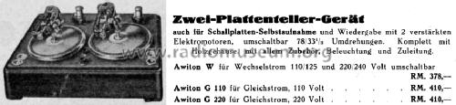 Zwei-Plattenteller-Gerät Awiton W; Wünsch & Marcrander; (ID = 1557965) R-Player