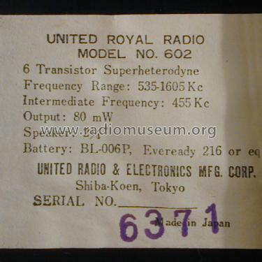 Six-Transistor 602; United Royal Radio & (ID = 1933340) Radio