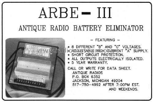 Universal Battery Eliminator ARBE-III; Antique Radios Inc.; (ID = 1755760) Power-S