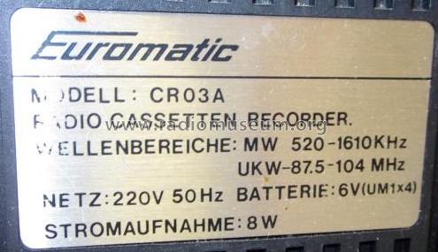 Euromatic Radio Cassetten Recorder CR03A; Unknown to us - (ID = 1706818) Radio