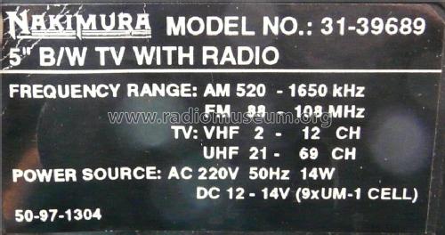 Nakimura 5' B/W TV with Radio 31-39689; Unknown to us - (ID = 1436982) Fernseh-R