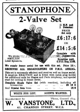 Stanophone Two-Valve Broadcast Receiver; Vanstone, London (ID = 1075879) Radio