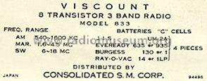 Viscount 8 Transistor 3 Band 833; Consolidated S.M. (ID = 620845) Radio