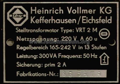 Stelltransformator VRT2M; Vollmer , Heinrich (ID = 1796295) Power-S