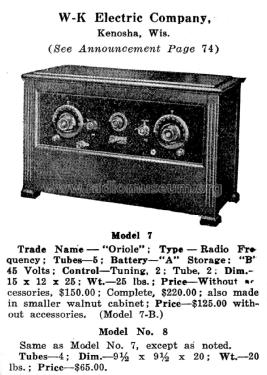 Oriole Model 7; W-K W.K. Electric Co (ID = 1950724) Radio