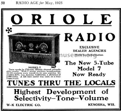 Oriole 7 Special ; W-K W.K. Electric Co (ID = 1257051) Radio