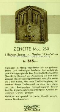 Zenith Zenette Mod. 230 Ch= 2036 ; Walser, Conrad; (ID = 2727699) Radio