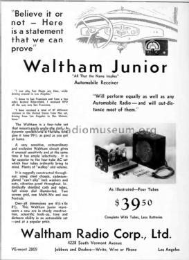 Waltham Junior ; Waltham Radio Corp. (ID = 1902716) Car Radio