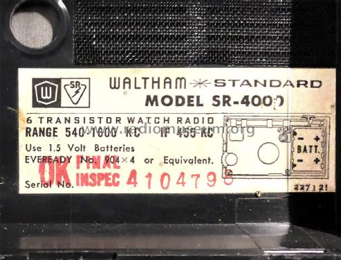 Waltham * Standard Super Alarm - deluxe Transistor Watch Radio SR-4000; Standard Radio Corp. (ID = 2669352) Radio