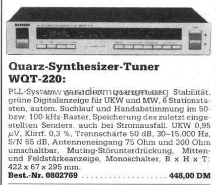 AM-FM Quartz Synthesizer Tuner WQT - 220; Wangine Electronics (ID = 1741934) Radio