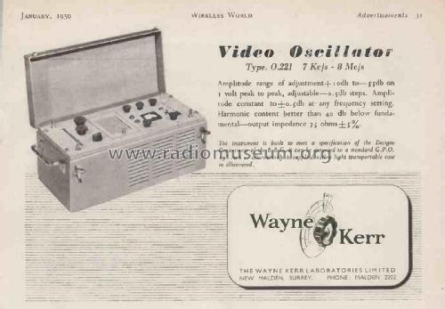 Video Oscillator O.221; Wayne Kerr; New (ID = 2910301) Equipment