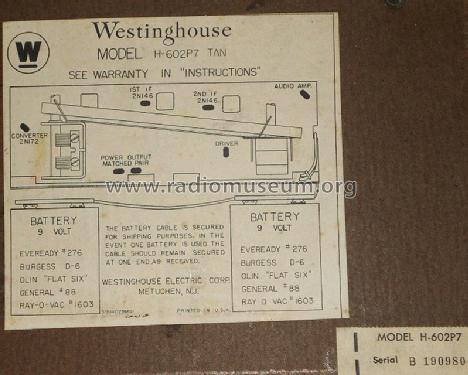 Seven Transistor H-602P7 Ch= V-2295-1; Westinghouse El. & (ID = 1588685) Radio