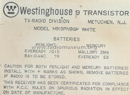 All Transistor H919PN9GP Nine Transistor; Westinghouse El. & (ID = 1394105) Radio