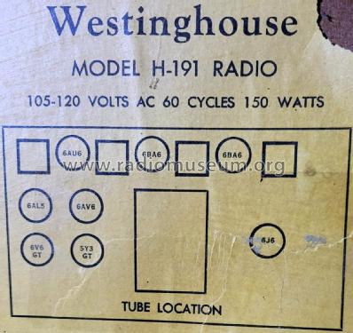 H-191 Ch= V-2134; Westinghouse El. & (ID = 3093522) Radio