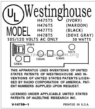 H-476T5 Ch=V-2236-1; Westinghouse El. & (ID = 2785881) Radio